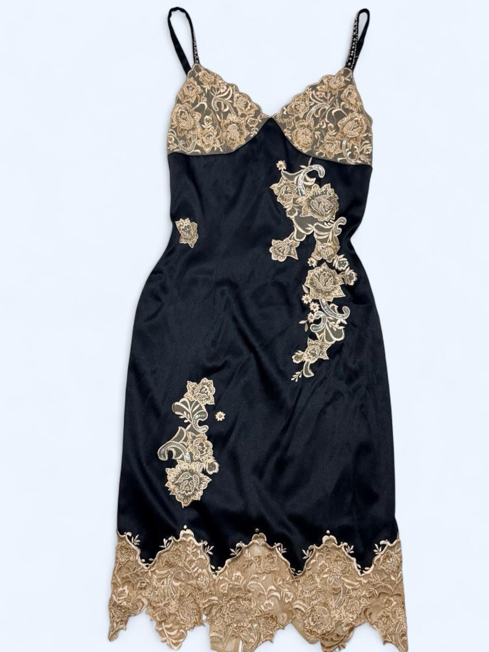 Cache Black Slip Dress with Gold Lace Trim